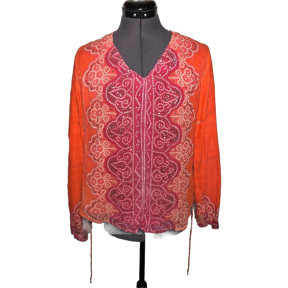 Vtg Y2K Boho Blouse Cervelle Sequin Metallic Bandhani Print Orange S DAMAGED - Picture 7 of 14
